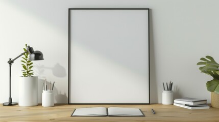 A contemporary home office with a wooden desk and white walls. The main feature is a blank picture frame, with a single