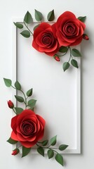 3D paper red roses with green leaves on a white background