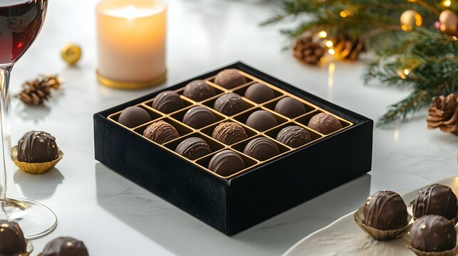 Elegant truffle box, velvet texture, gold accents, gourmet dining with candlelight and wine, luxury ambiance, isolated on white background