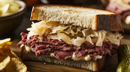 A classic Reuben sandwich with corned beef, sauerkraut, and Swiss cheese