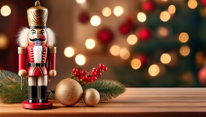 Christmas nutcracker with decorations on table against festive blurred background 