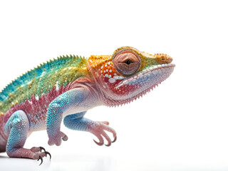 Obraz premium Studio photo of brightly colored chameleon on white background