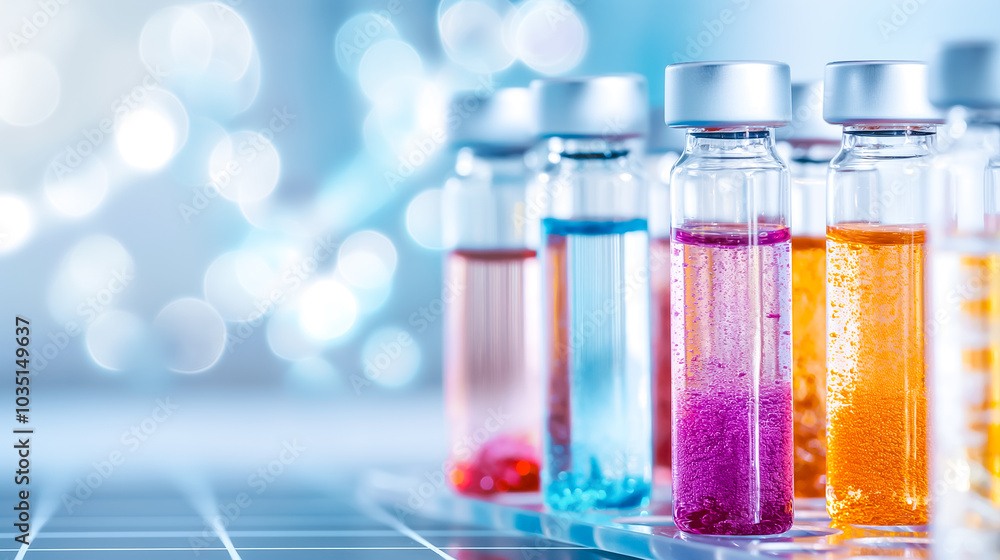 Poster row of test tubes filled with vibrant liquids in a laboratory setting, illustrating experiments and 
