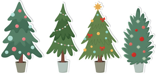 Set of decorated Christmas trees.  Colrful collection of stickers	
