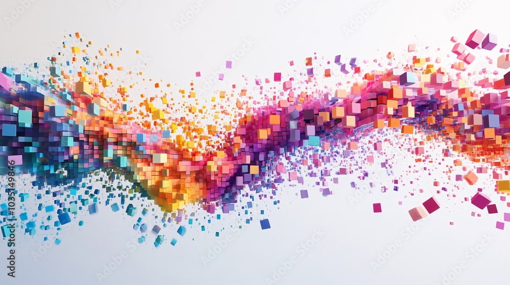 Poster colorful abstract wave of pixels creating a vibrant visual effect, suitable for backgrounds or creat