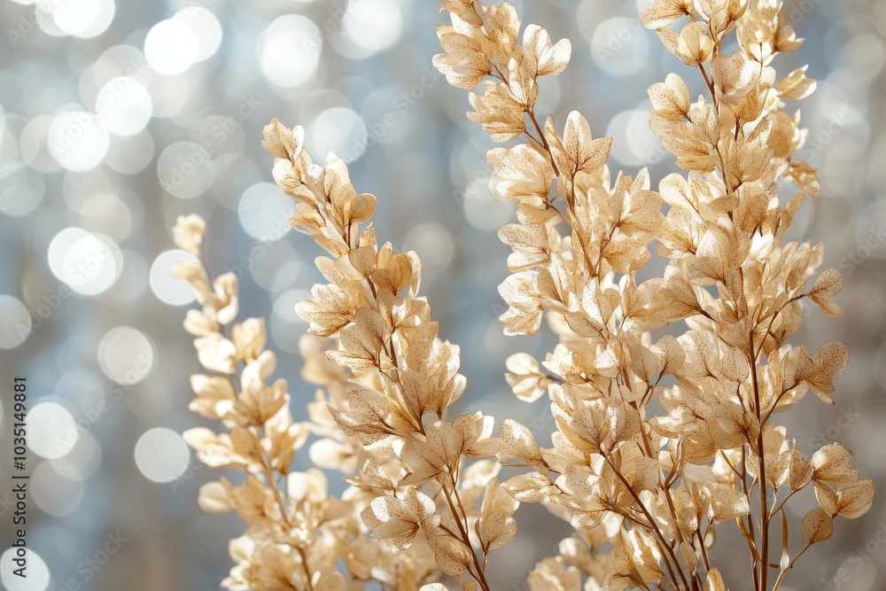 Poster close up of golden dried flowers with bokeh light effects creating a soft nostalgic mood and symboli