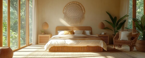 Framed mockup in a bohemian bedroom, soft earthy tones, macrame decor, sunlight filtering through large windows, wicker furniture, 3D render, highly detailed, frontfacing shot