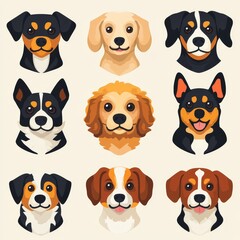 Naklejka premium Cute Dog Breeds Cartoon Portraits Illustration
