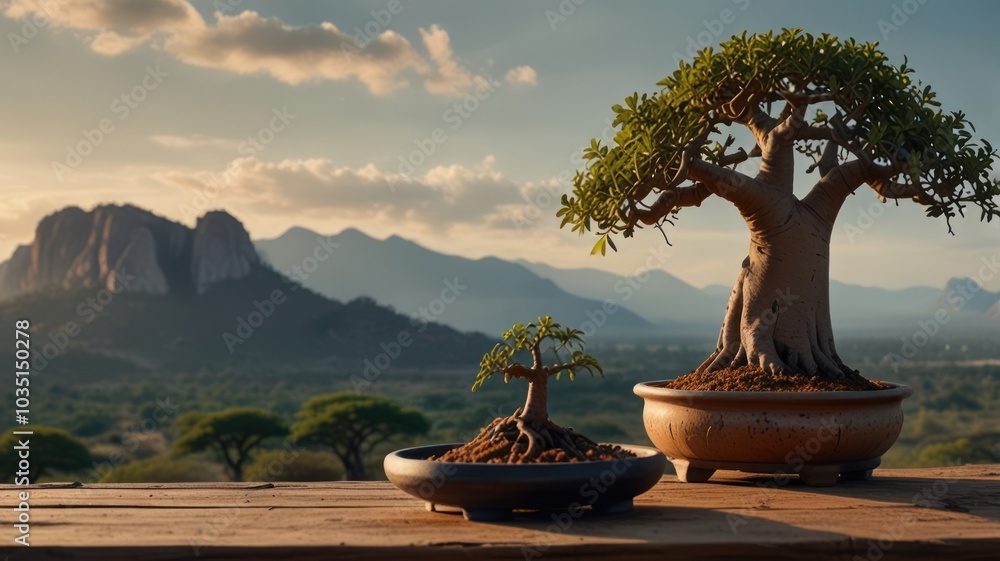 Poster two bonsai trees on a wooden table with a mountain range in the background, creating a serene and pe