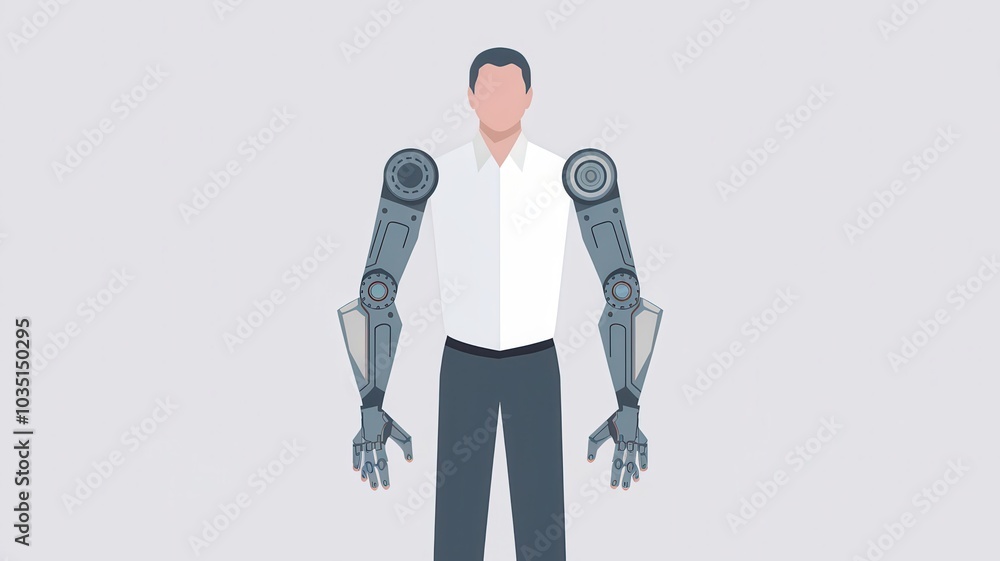 Poster futuristic humanoid robot or cyborg with sleek metallic bionic arms standing against a digital techn