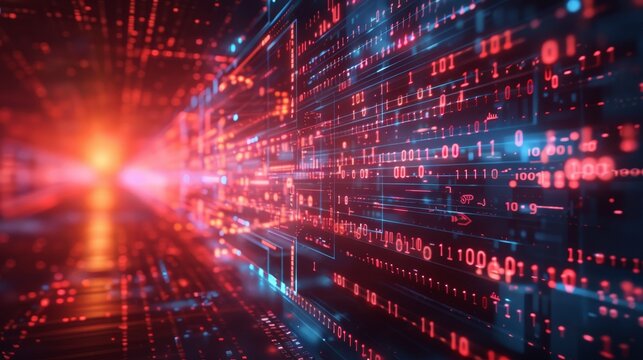 Abstract numerical background, including binary code and artificial intelligence algorithms. A futuristic scene with abstract visual representation of flowing code and advanced technology.