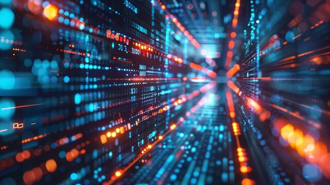 Abstract numerical background, including binary code and artificial intelligence algorithms. A futuristic scene with abstract visual representation of flowing code and advanced technology.