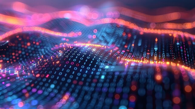 Abstract numerical background, including binary code and artificial intelligence algorithms. A futuristic scene with abstract visual representation of flowing code and advanced technology.