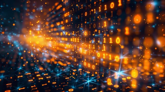 Abstract numerical background, including binary code and artificial intelligence algorithms. A futuristic scene with abstract visual representation of flowing code and advanced technology.
