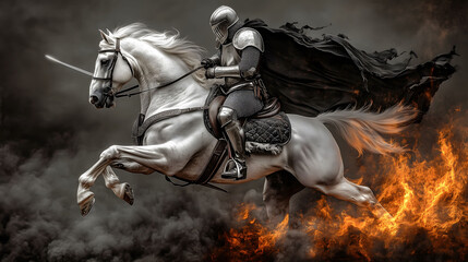 Fototapeta premium Knight on horse riding out of fire