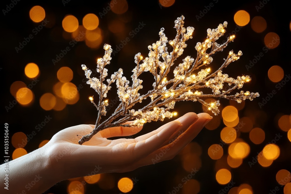 Poster artistic close up of a branch with golden blossoms in soft focus with glowing bokeh lights creating 