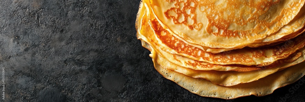 Poster freshly made golden crepes are stacked together, showcasing their beautiful texture and inviting col