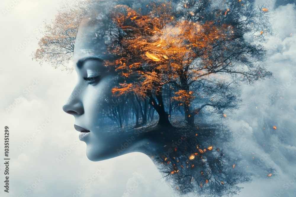 Aufkleber abstract profile of a woman’s face blending into a tree with autumn leaves symbolizing transformatio