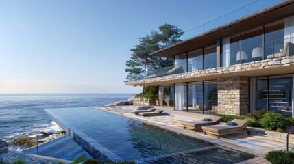 Fototapeta premium A contemporary two-story villa by the beach, featuring a large terrace and an empty swimming pool area in the front. The villa combines stone and glass materials