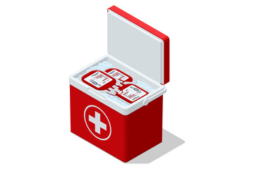 Isometric medical blood transportation. Organ transplantation box. Transport cooler bag for donation organs.