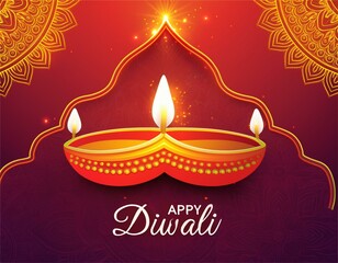 Happy Diwali. Diya oil lamp and flowers on red background. Traditional Hindu celebration. Religious holiday of light. Copy space, banner format.