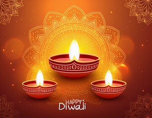 Happy Diwali. Diya oil lamp and flowers on red background. Traditional Hindu celebration. Religious holiday of light. Copy space, banner format.
