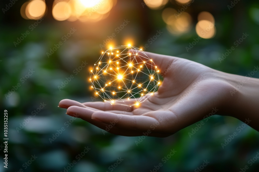 Poster cupped hands holding a glowing geometric sphere symbolizing the fusion of technology and human poten