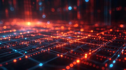 Obraz premium Present future scenarios of decentralized systems, information transmission, and digital security through abstract geometric shapes and interconnected nodes.