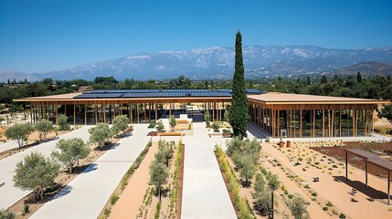 A modern and eco friendly residential building with solar panels on the roof and energy saving technology features showcasing a sustainable and efficient home design