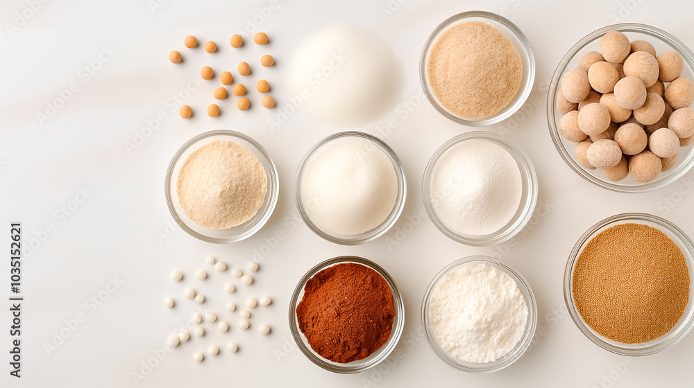 Aufkleber a collection of various spices and sugars arranged neatly in glass jars on a simple background showc