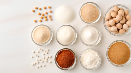 A collection of various spices and sugars arranged neatly in glass jars on a simple background showcases diverse ingredients for cooking and baking