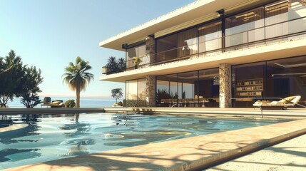 Fototapeta premium A contemporary two-story villa by the shore, highlighting a large terrace and an empty pool area in the front. The villa is made of stone and glass