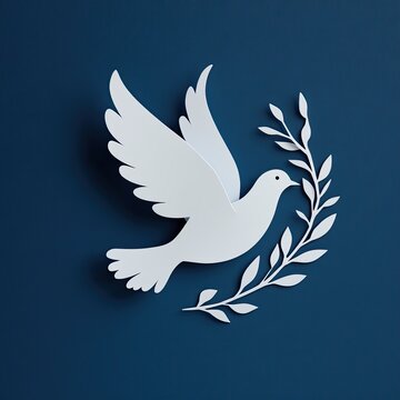 A paper cutout of a peace dove holding an olive branch on a dark blue background. Illustration. World Day of Peace, January 1