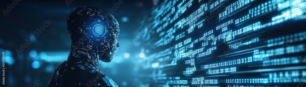Poster a robotic figure stands before a wall of code, representing artificial intelligence and technology.
