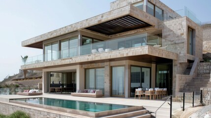 A contemporary villa by the beach, featuring two stories