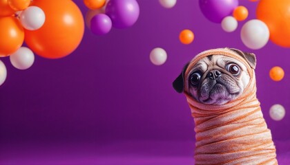 Cute Pug in Mummy Costume with Colorful Balloons