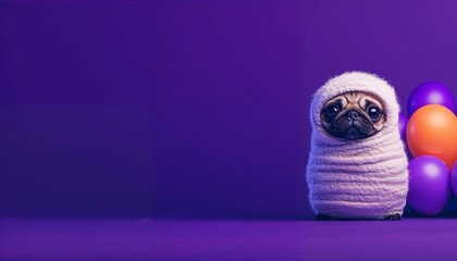 Cute Pug in Mummy Costume with Colorful Balloons