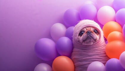Cute Pug in Mummy Costume with Colorful Balloons