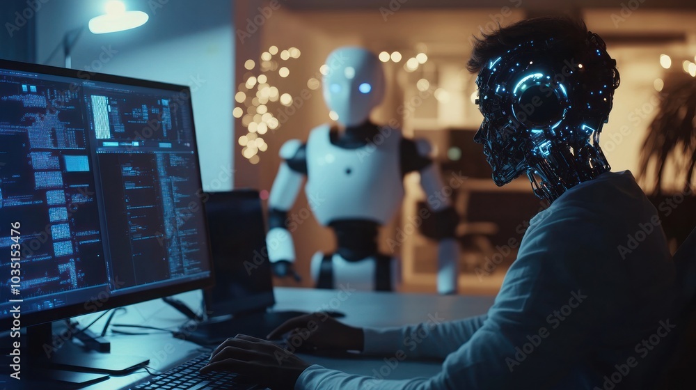 Poster cyborg working with a robot