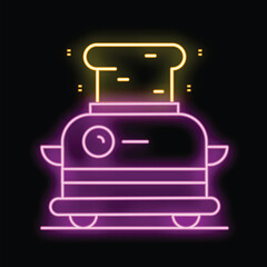 Vibrant neon toaster with a slice of toast popping out, set against a black background
