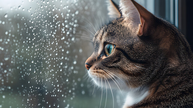 Cat Looking Out Window During Rain