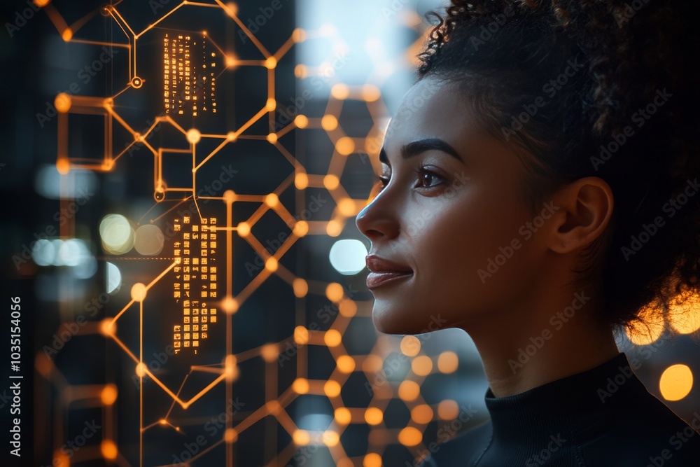 Poster woman’s face illuminated by glowing data nodes and geometric shapes symbolizing the intersection of 