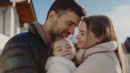 Fototapeta premium Young family hugging against the background of a private new house