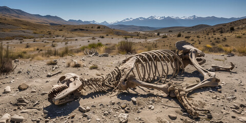 The concept of famine and drought in the wild animal skeleton in desert landscape