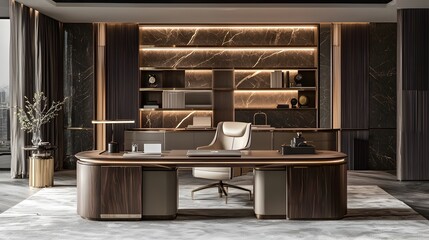 Minimalist and Stylish Workspace with a Large Desk Comfortable Chair and Contemporary Decor Elements Promoting Productivity and Efficiency