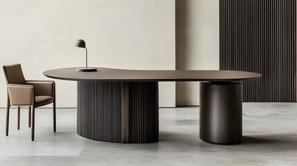 Minimalist and Elegant Workspace with Large Desk Comfortable Chair and Modern Decor Providing a Calm and Productive Environment