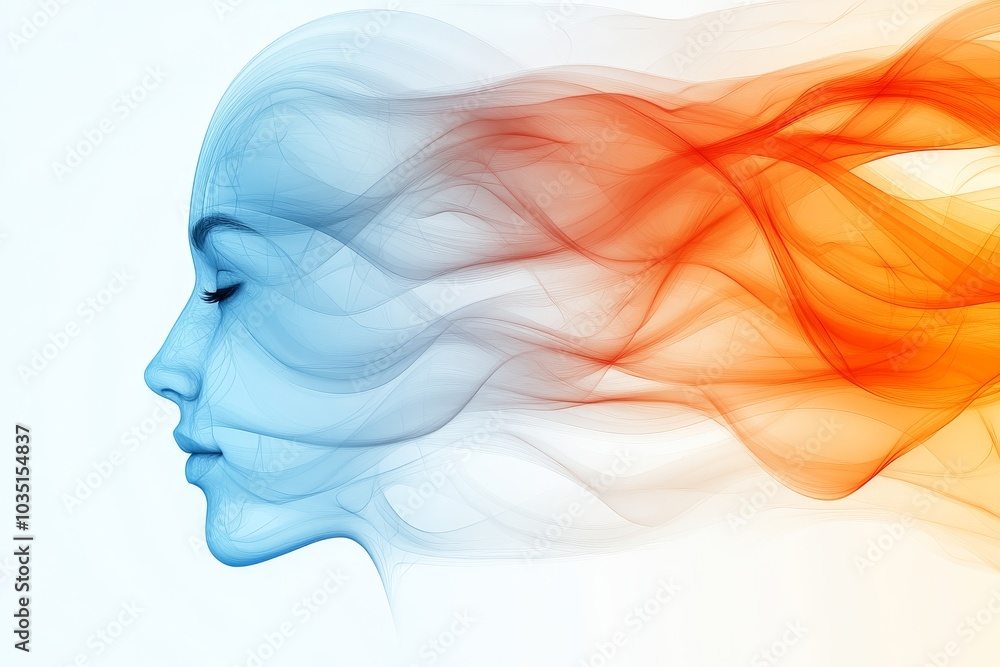 Poster abstract side profile of a woman’s face blending into swirling orange and blue waves symbolizing tra