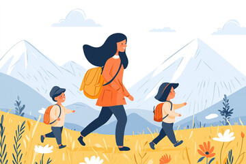 Fototapeta premium Family hiking in the mountains enjoying outdoor lifestyle