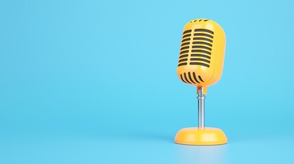 Captivating yellow microphone on bright blue background perfect for music podcasting and broadcasting enthusiasts