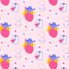 World heart day pattern in hand drawn style